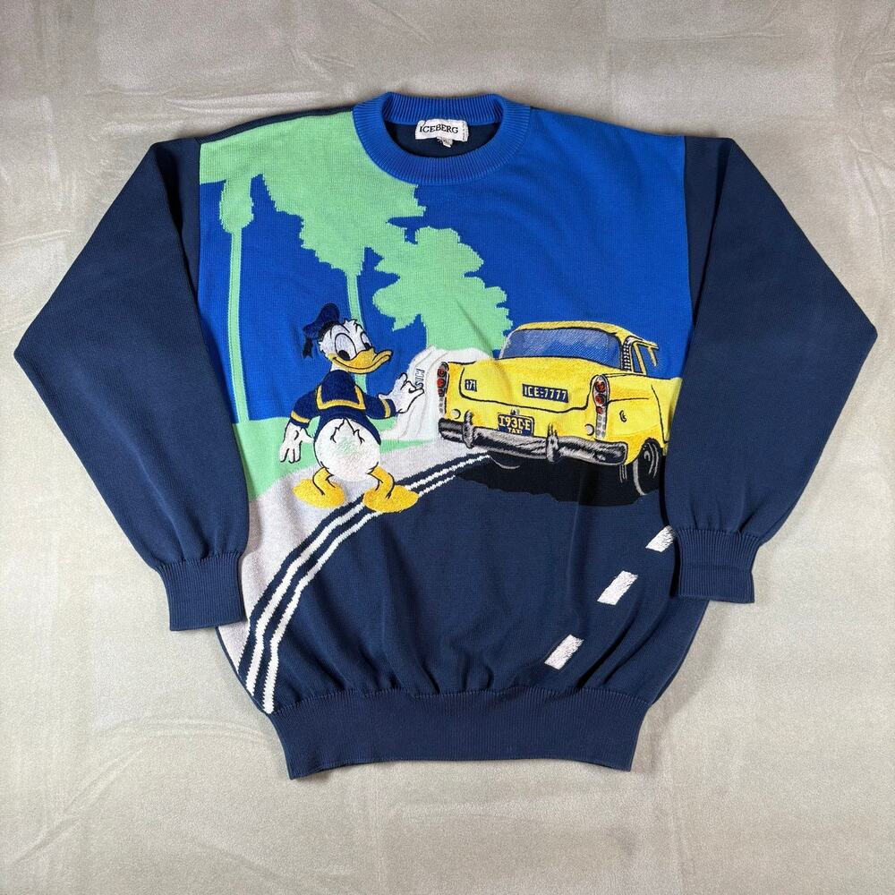 Vintage Iceberg Donald Duck Knit Sweater XL Made Italy‎ Graphic Disney Pullover